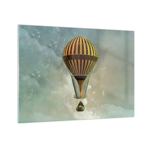 Obraz na skle - Štylizovaný balón na pozadí hviezdnej oblohy a oblakov. - 70x50cm - Priekopnícke lety - Moderná nástenná dekorácia do obývacej izby a spálne ARTTOR