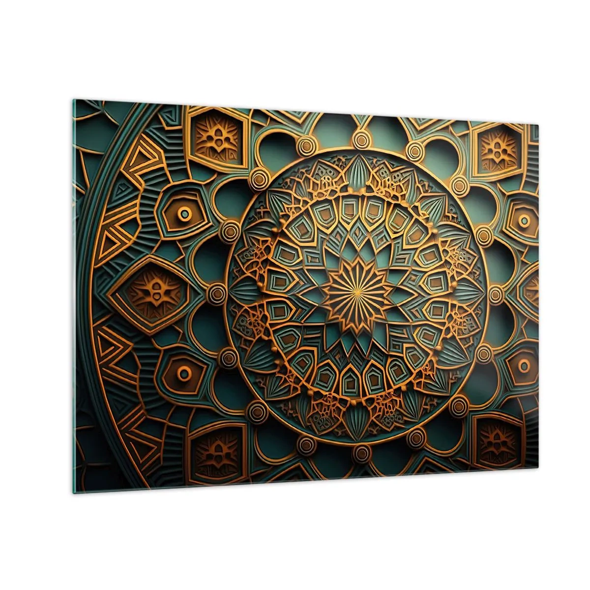 Obraz na skle - Zlatá a tyrkysová ozdoba v štýle arabskej mozaiky - 70x50cm - V arabskom štýle - Moderná nástenná dekorácia do obývacej izby a spálne ARTTOR