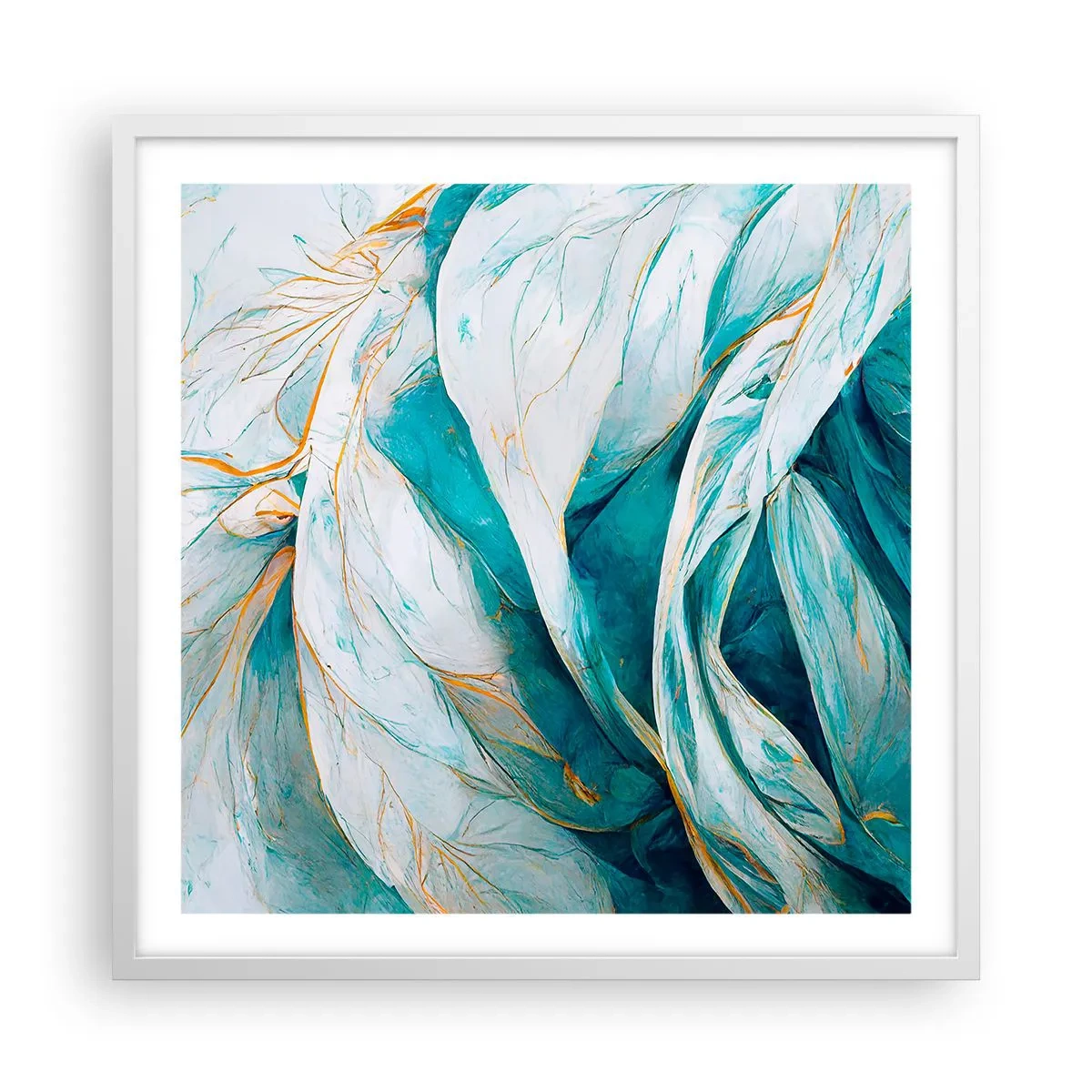 Plagát v bielom ráme - Modrá abstrakcia so zlatým motívom - 60x60 cm