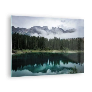 Obraz na skle - Horská krajina s jazerom a lesom odrážajúcim sa vo vode - 70x50cm - Ticho, ticho, neprebuďme spiacu vodu…. - Moderná nástenná dekorácia do obývacej izby a spálne ARTTOR