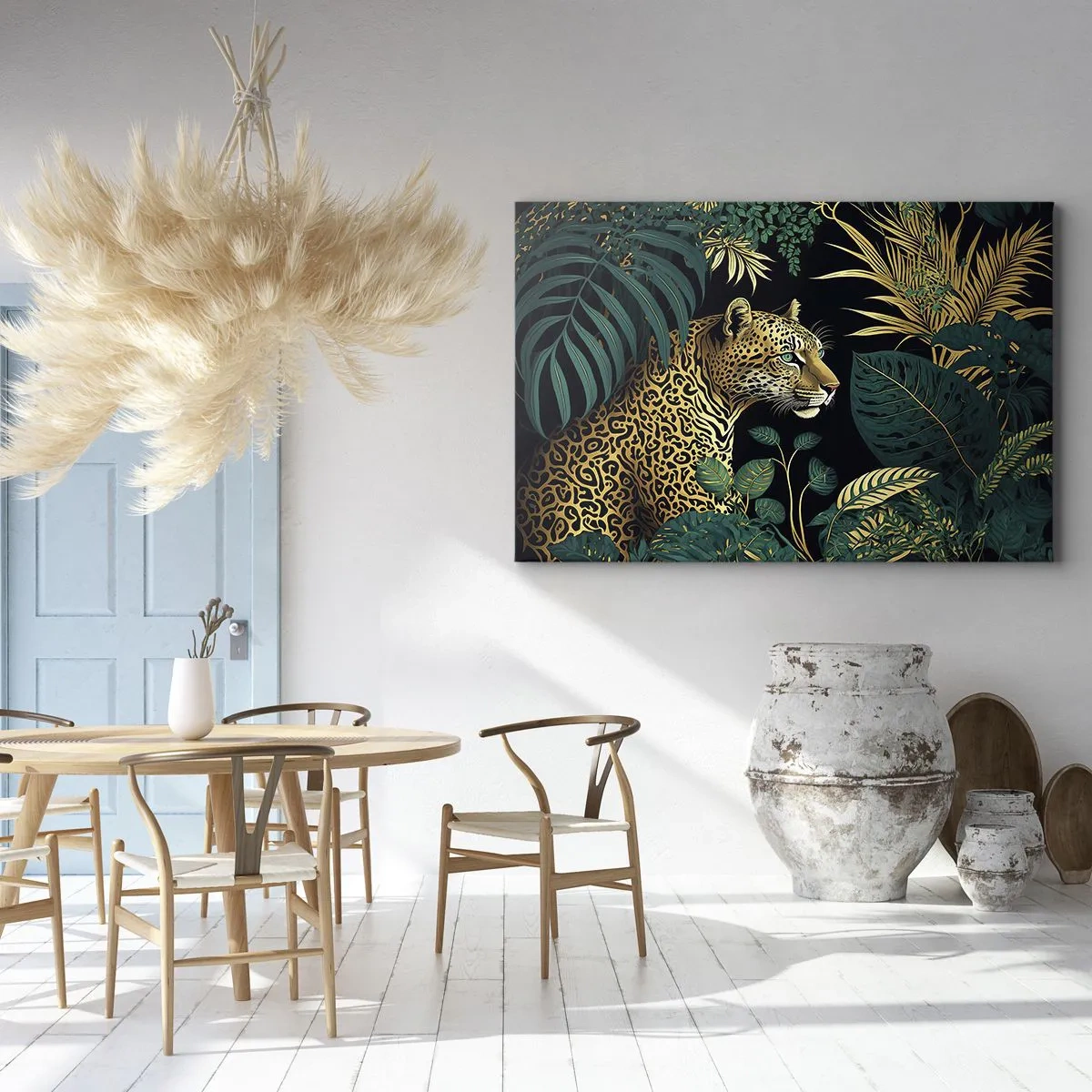 Obraz na plátne - Leopard v tropických listoch na čiernom pozadí - 70x50cm - Hospodár v džungli - Moderná nástenná dekorácia do obývacej izby a spálne ARTTOR