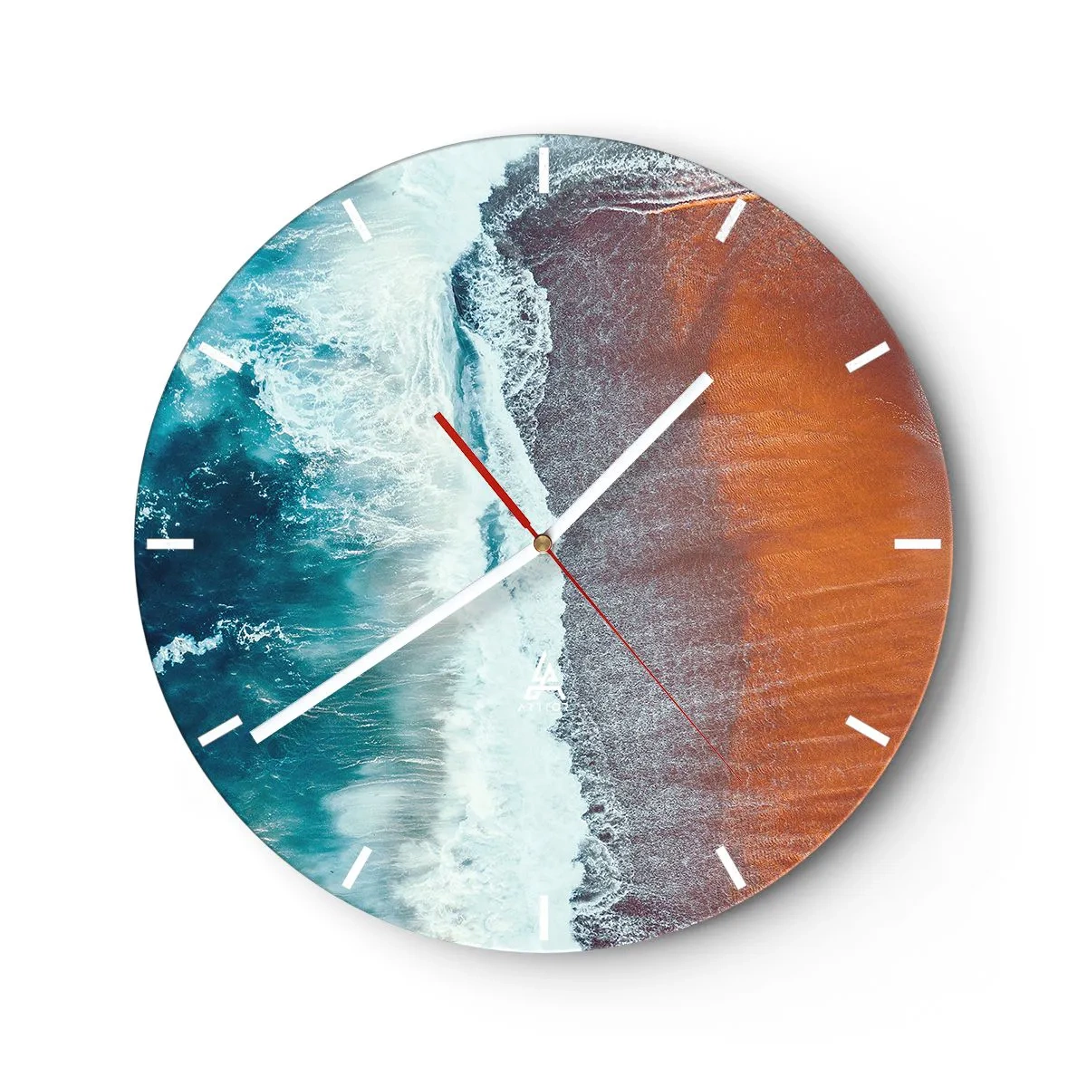 Nástenné hodiny - Letecký pohľad na oceán a oranžovú pláž - 30x30cm - Dotyk oceánu - Moderná nástenná dekorácia do obývacej izby, kuchyne a spálne ARTTOR