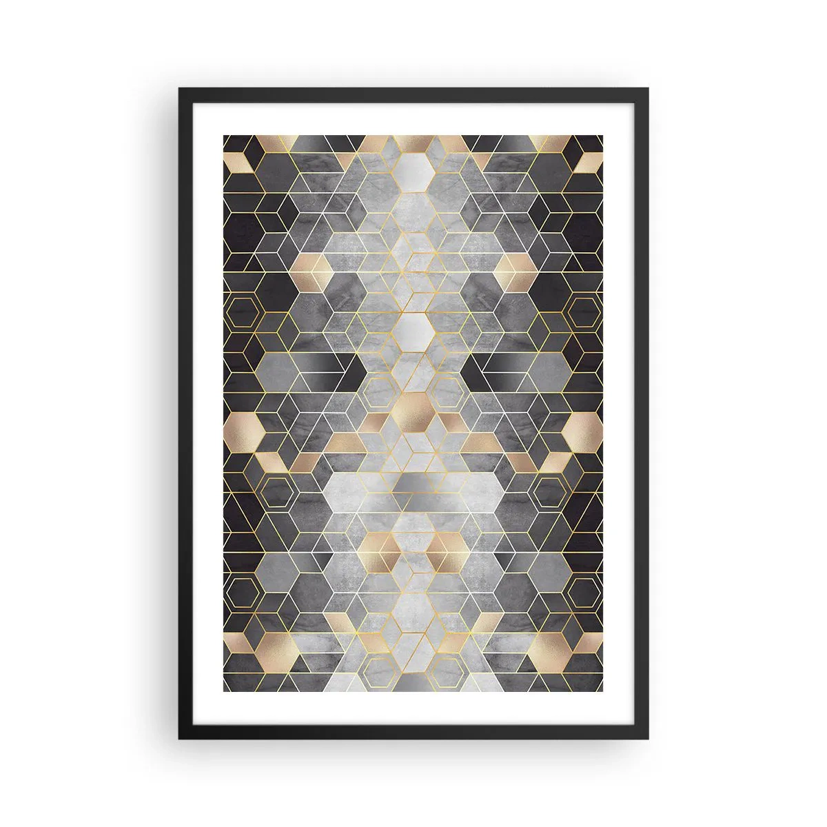 Plagát v čiernom ráme - Geometrický šesťuholníkový vzor v odtieňoch zlatej a sivej - 50x70cm - Diamantová kompozícia - Moderná nástenná dekorácia do obývacej izby a spálne ARTTOR