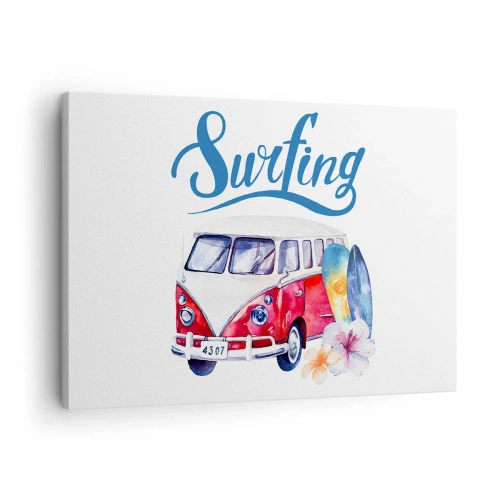 Obraz na plátne - Farebná grafika s autobusom a surfovacou témou - 70x50cm - Uhorka - klasika pre surferov - Moderná nástenná dekorácia do obývacej izby a spálne ARTTOR