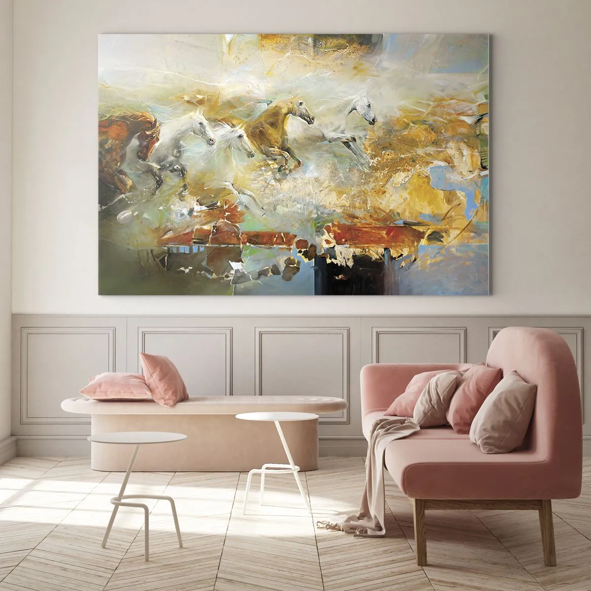 Obraz na skle - Abstraktné kone v dynamickom pohybe - 70x50cm - Cvála svetlom - Moderná nástenná dekorácia do obývacej izby a spálne ARTTOR