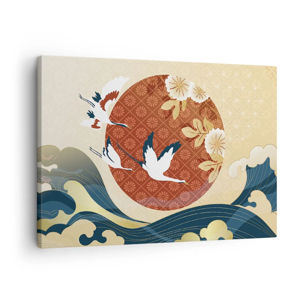 Obraz na plátne - Japonská kompozícia so žeriavmi a vlnami - 70x50cm - Japonská rozprávka - Moderná nástenná dekorácia do obývacej izby a spálne ARTTOR