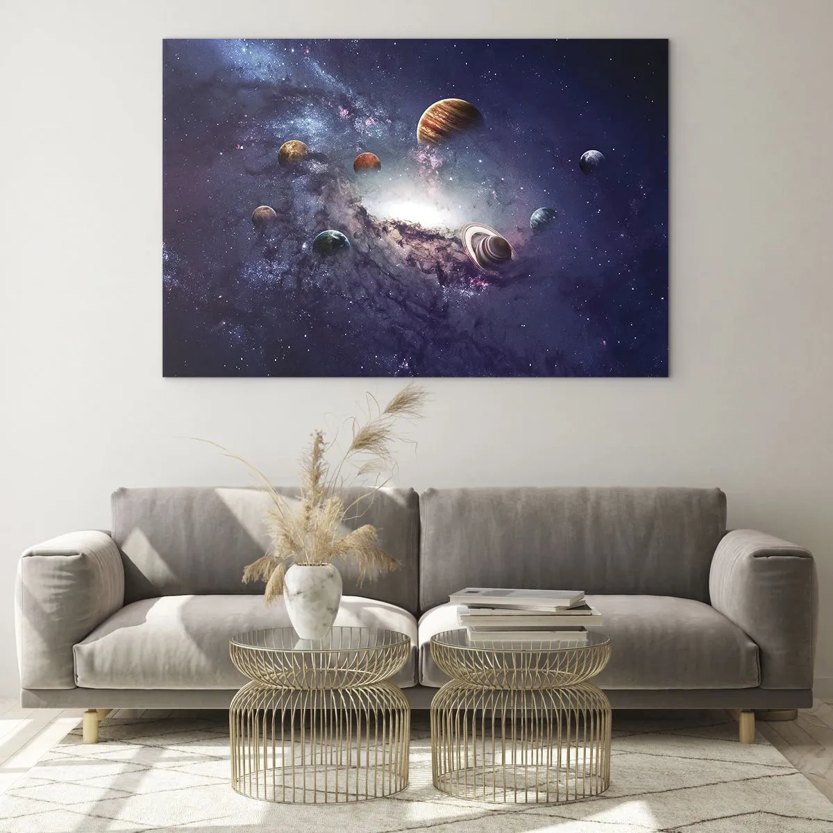 Obraz na skle - Fantastická vízia planét otáčajúcich sa vo vesmíre - 70x50cm - Slnko a tanec - Moderná nástenná dekorácia do obývacej izby a spálne ARTTOR