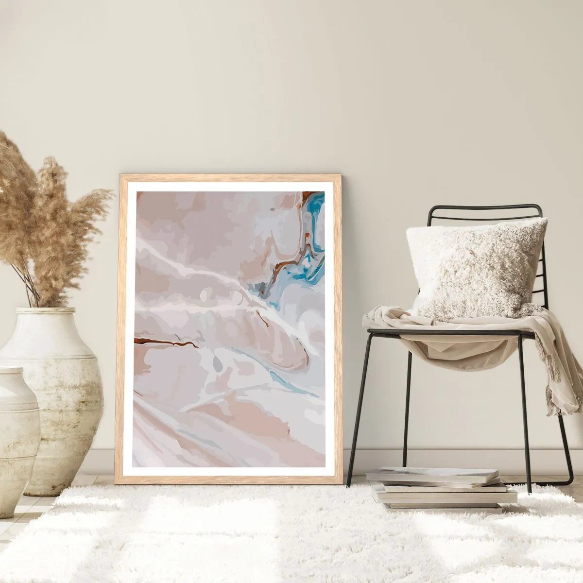 Plagát v ráme zo svetlého duba - Modré meandre pod bielou - 70x100 cm