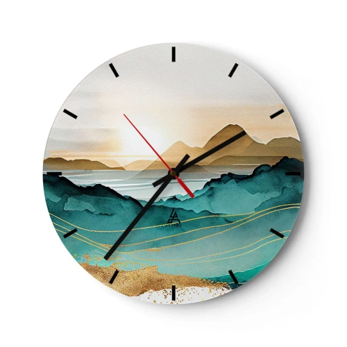 Nástenné hodiny - Západ slnka nad abstraktnou horskou krajinou - 30x30cm - Na pokraji abstrakcie – krajina - Moderná nástenná dekorácia do obývacej izby, kuchyne a spálne ARTTOR