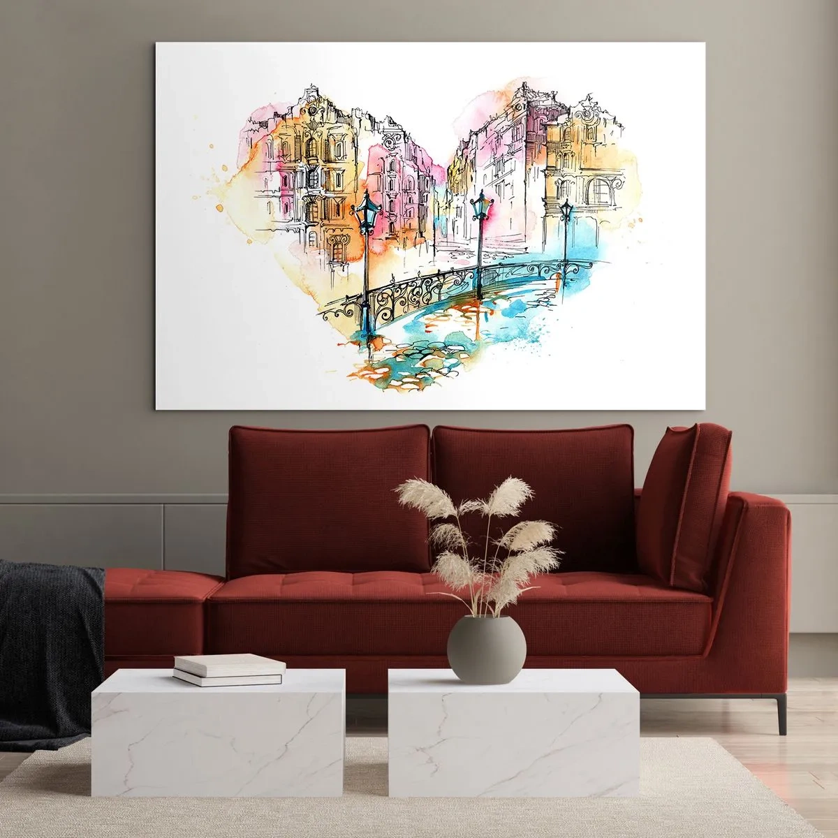 Obraz na skle - Romantické činžiakové domy so srdcovým mostom, akvarel - 70x50cm - Srdce mesta - Moderná nástenná dekorácia do obývacej izby a spálne ARTTOR