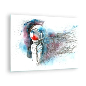 Obraz na skle - Astronaut v dynamickom vesmírnom prostredí s akvarelovou farbou - 70x50cm - Sám s vesmírom - Moderná nástenná dekorácia do obývacej izby a spálne ARTTOR