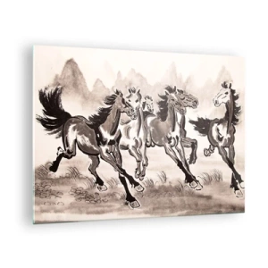 Obraz na skle - Skupina cválajúcich koní v čínskom štýle - 70x50cm - V radostnom cvale - Moderná nástenná dekorácia do obývacej izby a spálne ARTTOR