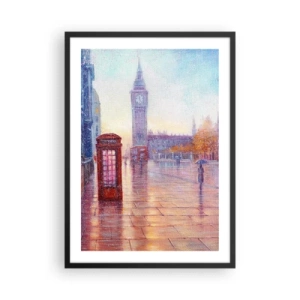 Plagát v čiernom ráme - Big Ben a červená telefónna búdka v daždivý deň - 50x70cm - Londýnsky jesenný deň - Moderná nástenná dekorácia do obývacej izby a spálne ARTTOR