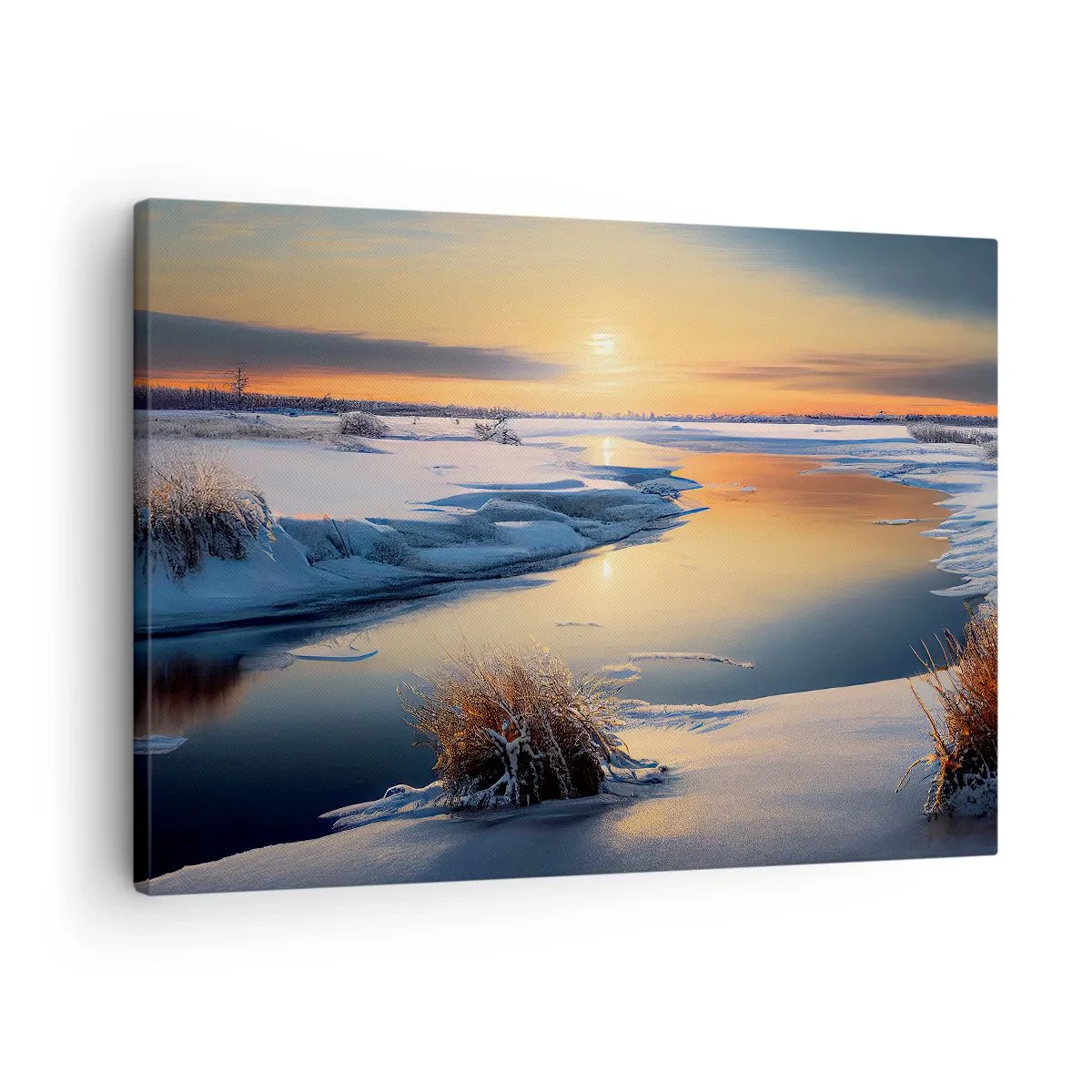 Obraz na plátne - Zimná krajina s riekou pri západe slnka - 70x50cm - Zimný západ slnka - Moderná nástenná dekorácia do obývacej izby a spálne ARTTOR