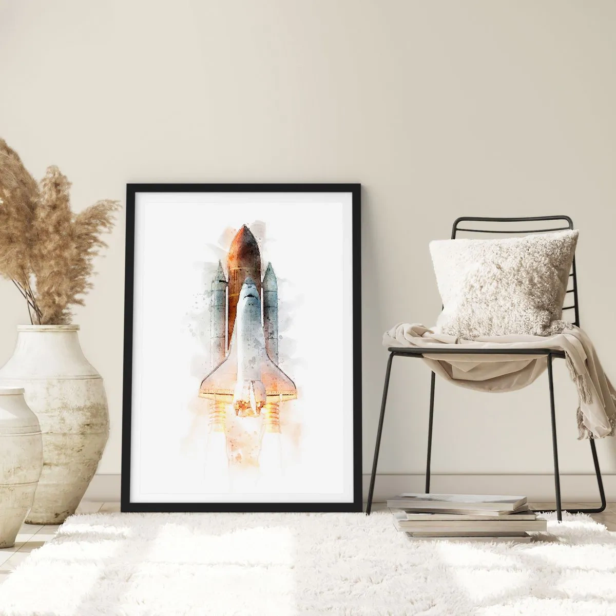 Plagát v čiernom ráme - Vzlet raketoplánu v akvarelovom štýle - 50x70cm - Prieskumníci do toho - Moderná nástenná dekorácia do obývacej izby a spálne ARTTOR