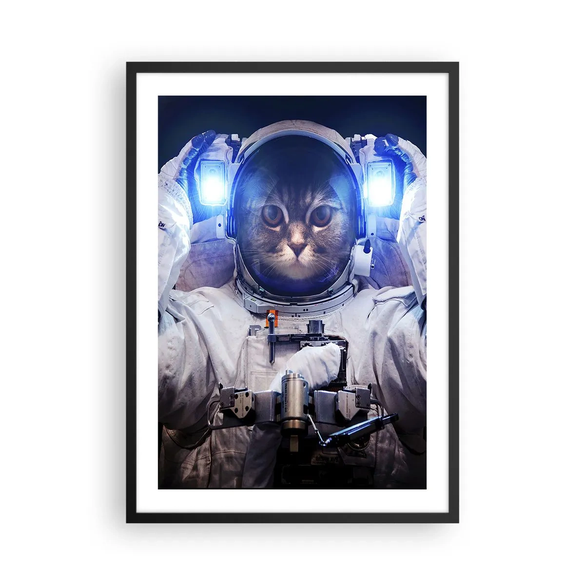 Plagát v čiernom ráme - Astronautská mačka v plnom skafandri - 50x70cm - Houston, máte problém - Moderná nástenná dekorácia do obývacej izby a spálne ARTTOR