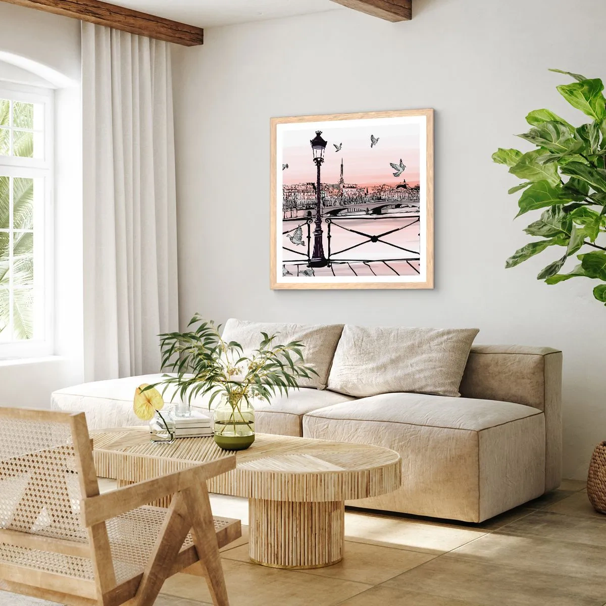 Plagát v ráme zo svetlého duba - Nad strechami Paríža - 50x50 cm