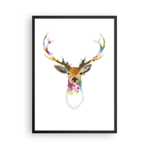 Plagát v čiernom ráme - Farebný jeleň v abstraktnom štýle na bielom pozadí - 50x70cm - Jemné jelenča vykúpané vo farbe - Moderná nástenná dekorácia do obývacej izby a spálne ARTTOR