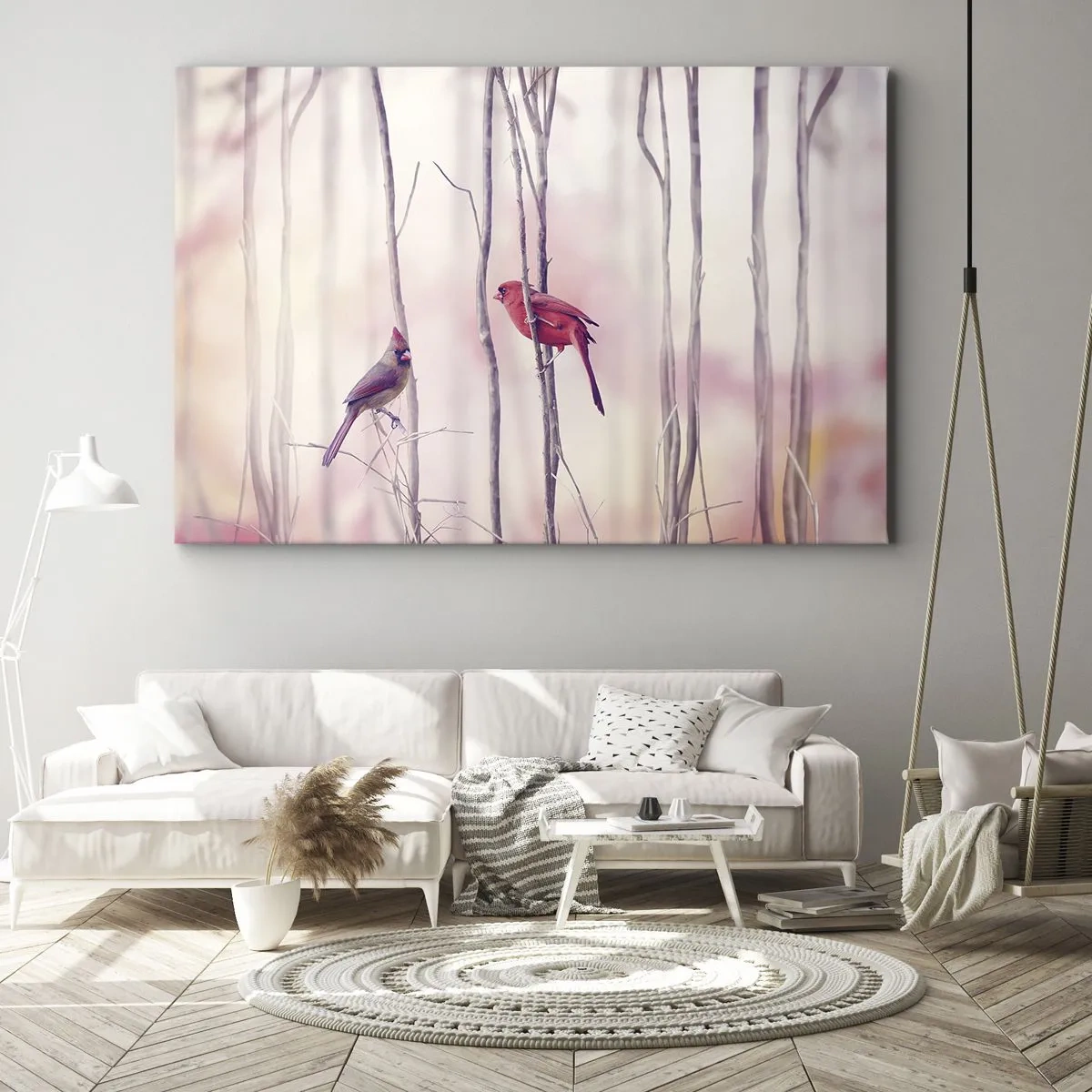 Obraz na plátne - Pár kardinálov sediacich na konároch v pastelovej krajine - 70x50cm - Príbeh ružového lesa - Moderná nástenná dekorácia do obývacej izby a spálne ARTTOR