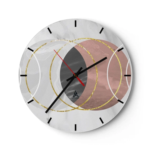 Nástenné hodiny - Geometrické kruhy v odtieňoch sivej a medi so zlatými akcentmi - 30x30cm - Hudba sfér - Moderná nástenná dekorácia do obývacej izby, kuchyne a spálne ARTTOR