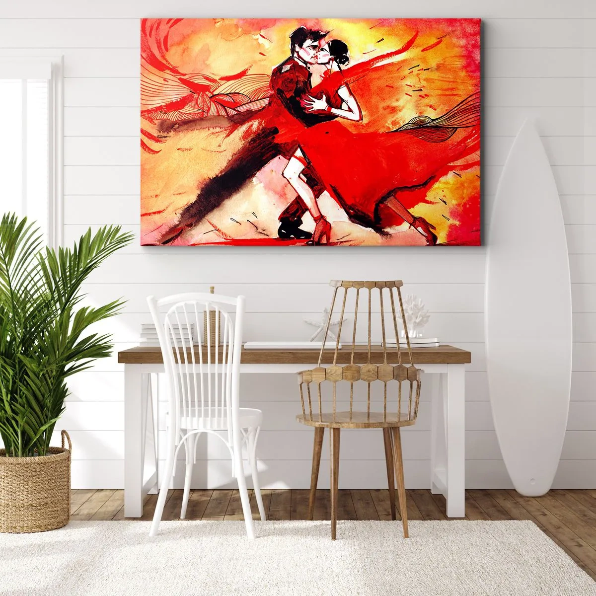 Obraz na plátne - Pár tancujúci tango v červených tónoch na dynamickom pozadí. - 70x50cm - Purpurový rytmus náruživosti - Moderná nástenná dekorácia do obývacej izby a spálne ARTTOR