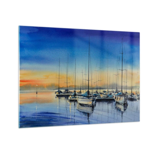 Obraz na skle - Plachetnice v prístave pri západe slnka - 70x50cm - Koniec dobrého dňa - Moderná nástenná dekorácia do obývacej izby a spálne ARTTOR