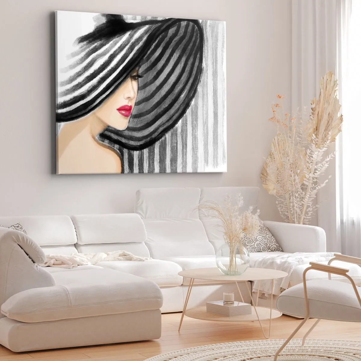 Obraz na plátne - Žena v čiernobielom klobúku s červeným akcentom - 70x50cm - Kde ťa hľadať? - Moderná nástenná dekorácia do obývacej izby a spálne ARTTOR