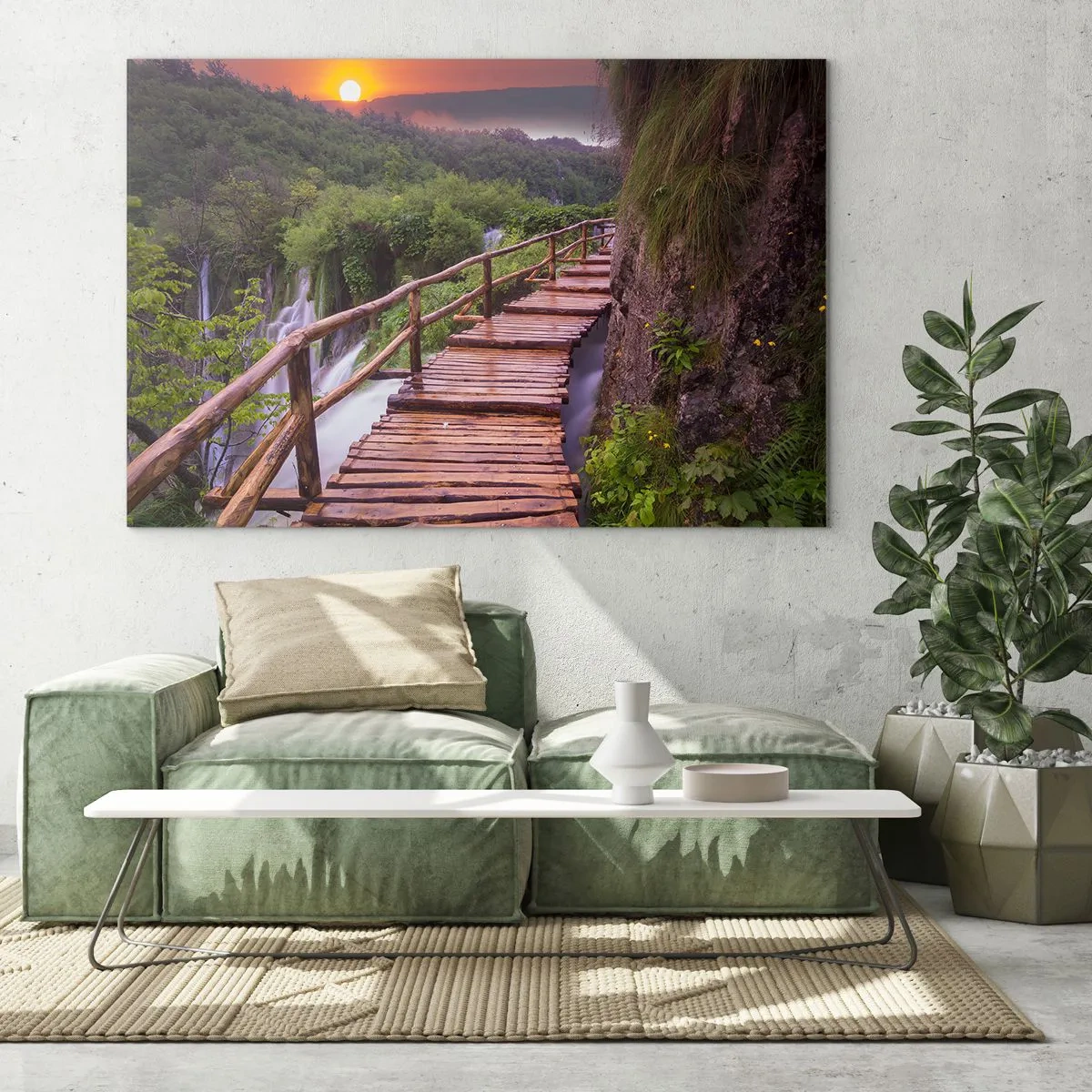 Obraz na skle - Drevený chodník uprostred zelene pri západe slnka - 70x50cm - Neuveriteľná krása - Moderná nástenná dekorácia do obývacej izby a spálne ARTTOR