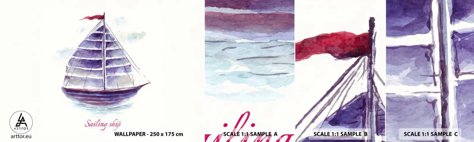 Vzorka Fototapeta Standard Eco - Napnuté plachty a pokojná voda - Plachetnica, Prímorské, More - 100x30 cm