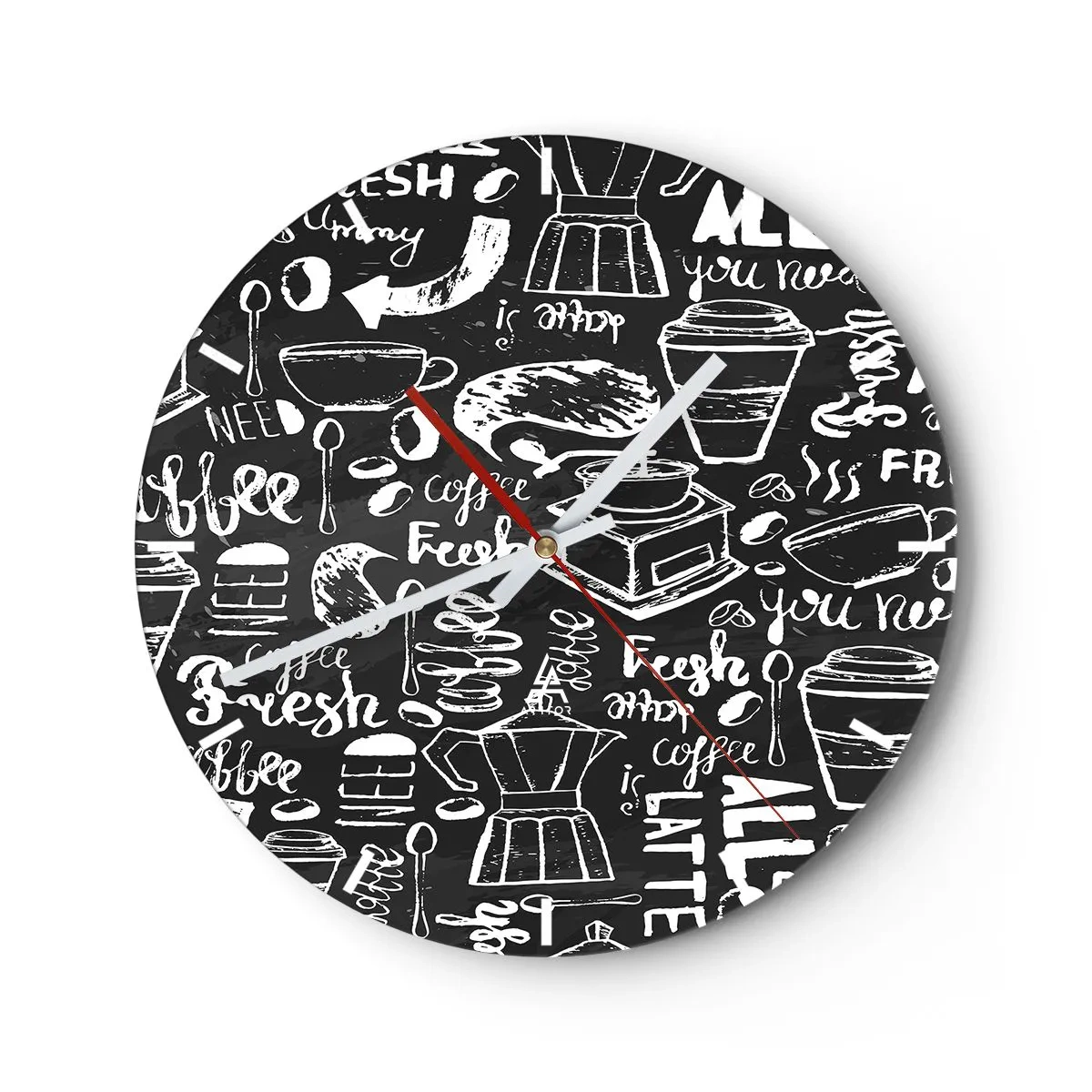 Nástenné hodiny - Kávový motív v štýle kriedovej kresby na čiernom pozadí - 30x30cm - All you need is… - Moderná nástenná dekorácia do obývacej izby, kuchyne a spálne ARTTOR
