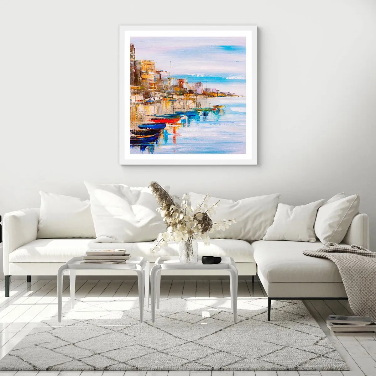 Plagát v bielom ráme - Viacfarebný mestský prístav - 60x60 cm