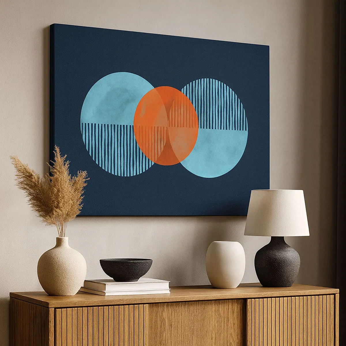 Obraz na plátne - Geometrické kruhy v odtieňoch modrej a oranžovej - 70x50cm - Symetrická kompozícia - Moderná nástenná dekorácia do obývacej izby a spálne ARTTOR