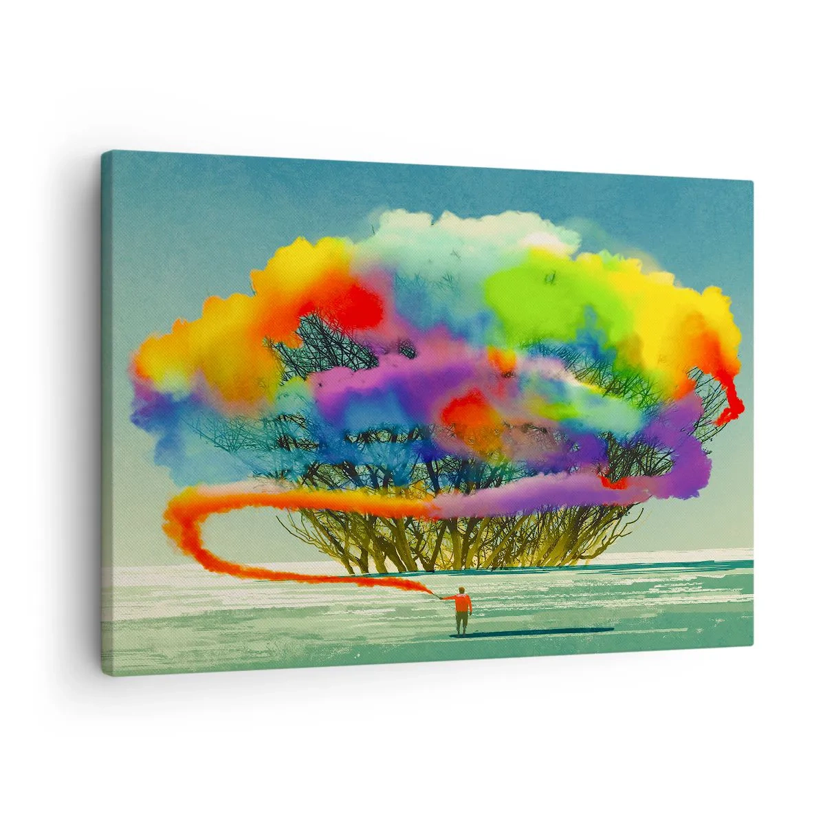 Obraz na plátne - Postava s farebným dymom na pozadí stromu v divočine - 70x50cm - Oživiť tento svet - Moderná nástenná dekorácia do obývacej izby a spálne ARTTOR