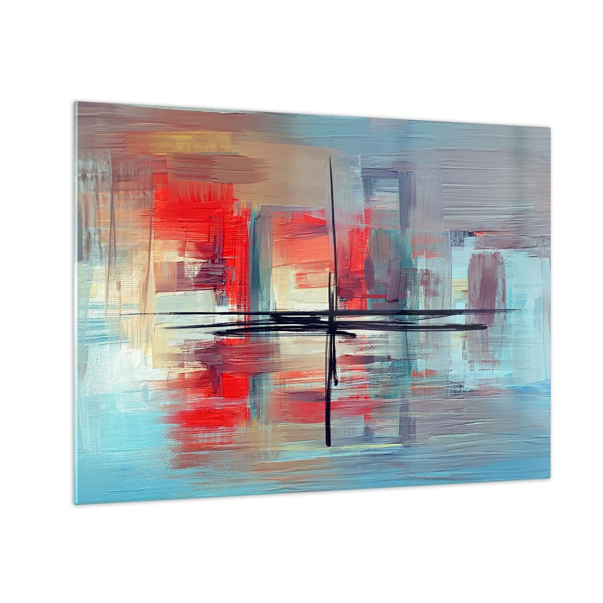 Obraz na skle - Farebná abstrakcia s červenou a modrou, inšpirovaná krajinou. - 70x50cm - Krajina v neznámej dimenzii - Moderná nástenná dekorácia do obývacej izby a spálne ARTTOR