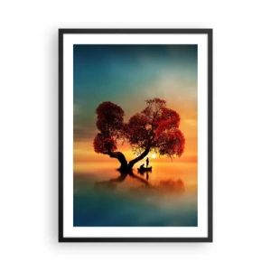Plagát v čiernom ráme - Strom v tvare srdca pri západe slnka - 50x70cm - Voda a ticho vesmíru - Moderná nástenná dekorácia do obývacej izby a spálne ARTTOR