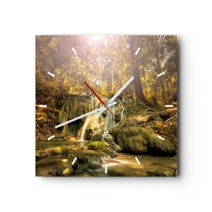 Nástenné hodiny - Lesný vodopád v zeleni - 40x40 cm