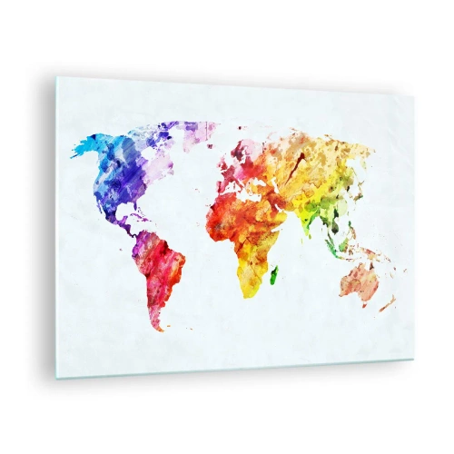Obraz na skle - Akvarelová mapa sveta v jasných farbách - 70x50cm - Všetky farby sveta - Moderná nástenná dekorácia do obývacej izby a spálne ARTTOR