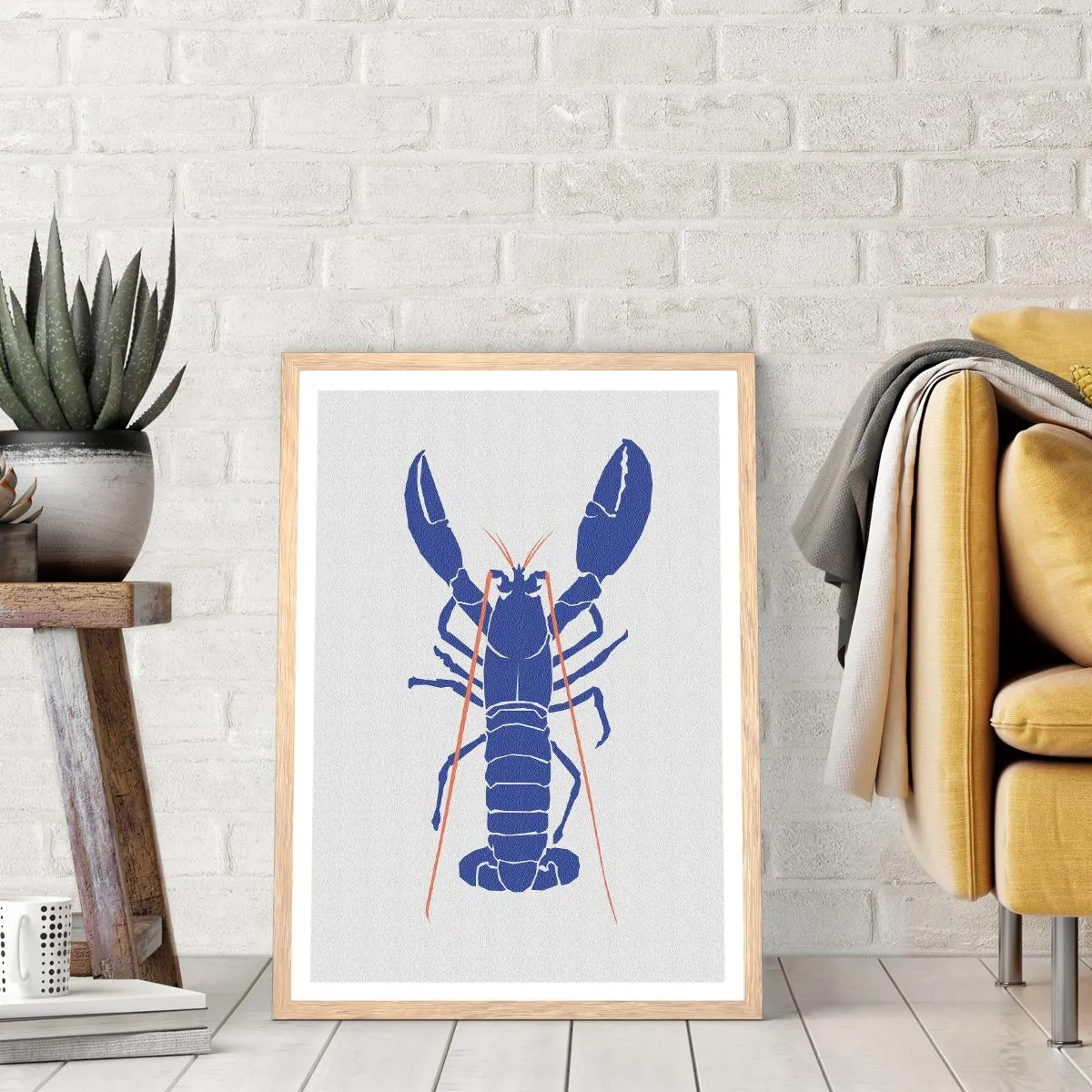 Plagát v ráme zo svetlého duba - Elegantný modrý homár - 50x70 cm