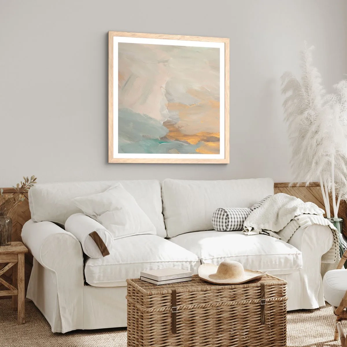 Plagát v ráme zo svetlého duba - Abstrakcia – krajina nehy - 30x30 cm