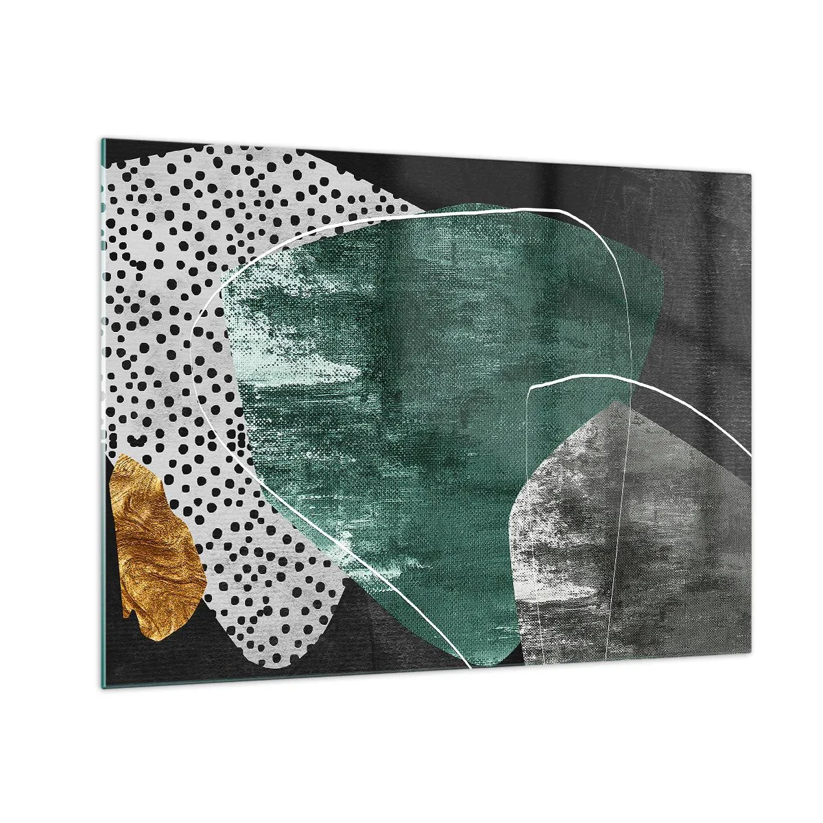 Obraz na skle - Zelené formy s čiernym pozadím a zlatým akcentom - 70x50cm - Farebná abstrakcia so zlatou vločkou - Moderná nástenná dekorácia do obývacej izby a spálne ARTTOR