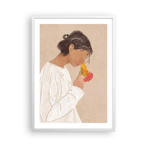 Plagát v bielom ráme - Dievča a kvety - 50x70 cm