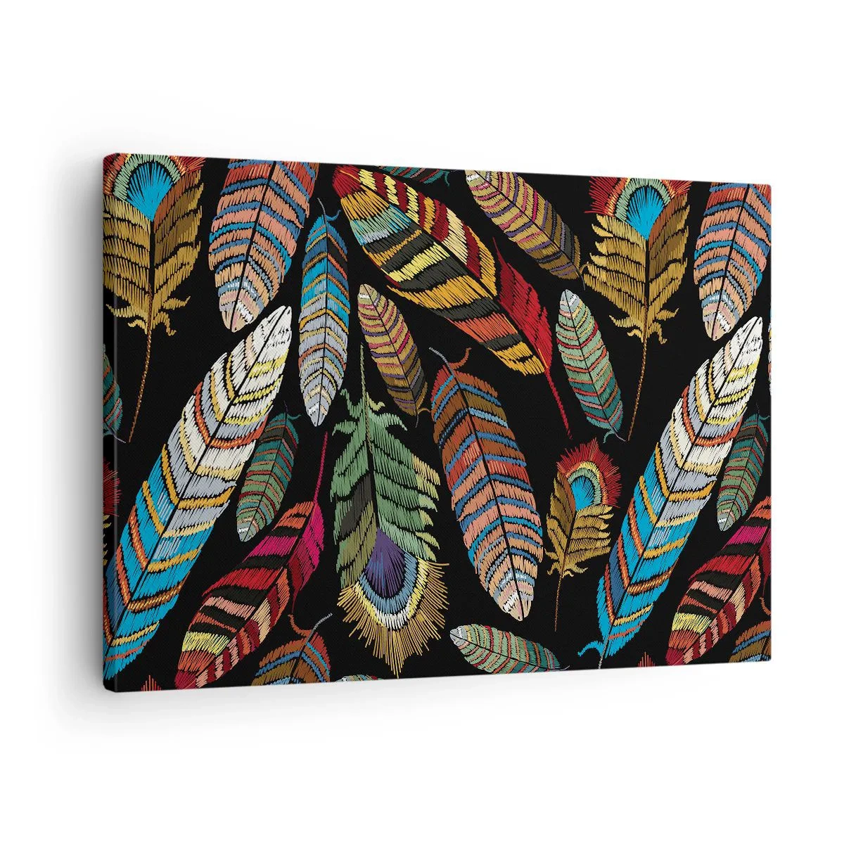 Obraz na plátne - Farebné perie na čiernom pozadí - 70x50cm - Vtáčí karneval - Moderná nástenná dekorácia do obývacej izby a spálne ARTTOR
