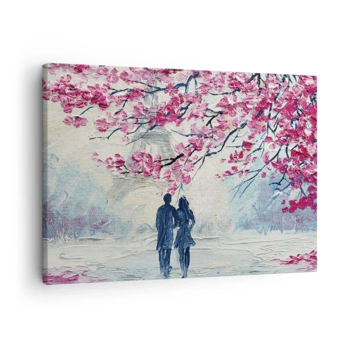 Obraz na plátne - Pár pod kvitnúcimi ružovými stromami v romantickom prostredí - 70x50cm - Romantická prechádzka - Moderná nástenná dekorácia do obývacej izby a spálne ARTTOR