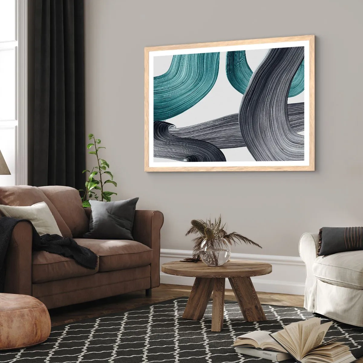 Plagát v ráme zo svetlého duba - Smaragdové a čierne vlny - 100x70 cm