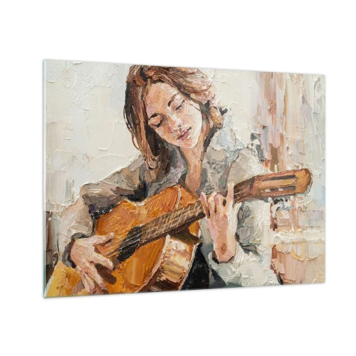 Obraz na skle - Dievča hrá na gitare v impresionistickom štýle - 70x50cm - Koncert pre gitaru a dievčenské srdce - Moderná nástenná dekorácia do obývacej izby a spálne ARTTOR