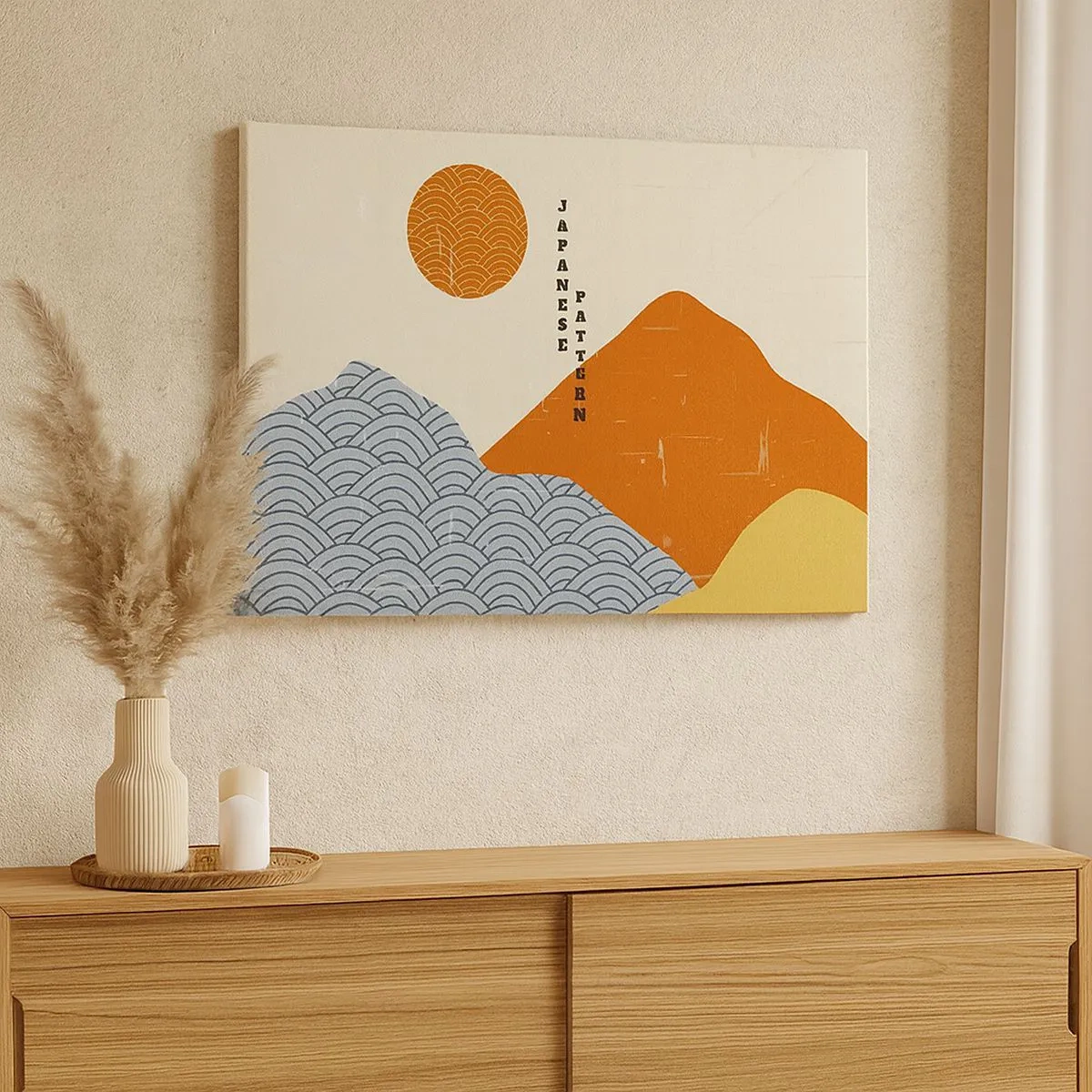 Obraz na plátne - Japonské vzory s horami, slnkom a minimalistickým štýlom - 70x50cm - V japonskom duchu - Moderná nástenná dekorácia do obývacej izby a spálne ARTTOR