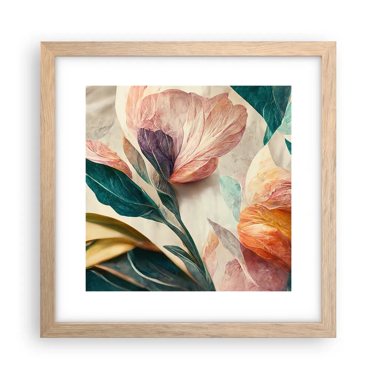 Plagát v ráme zo svetlého duba - Kvety južných ostrovov - 30x30 cm