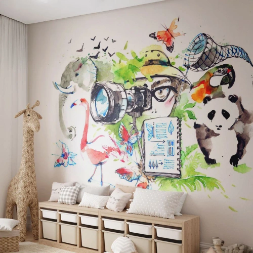 Fototapeta Standard Eco - Akvarelová ilustrácia fotografa vo voľnej prírode - 100x70cm - Objektívom cestovateľa - Moderná nástenná dekorácia do obývacej izby a spálne ARTTOR