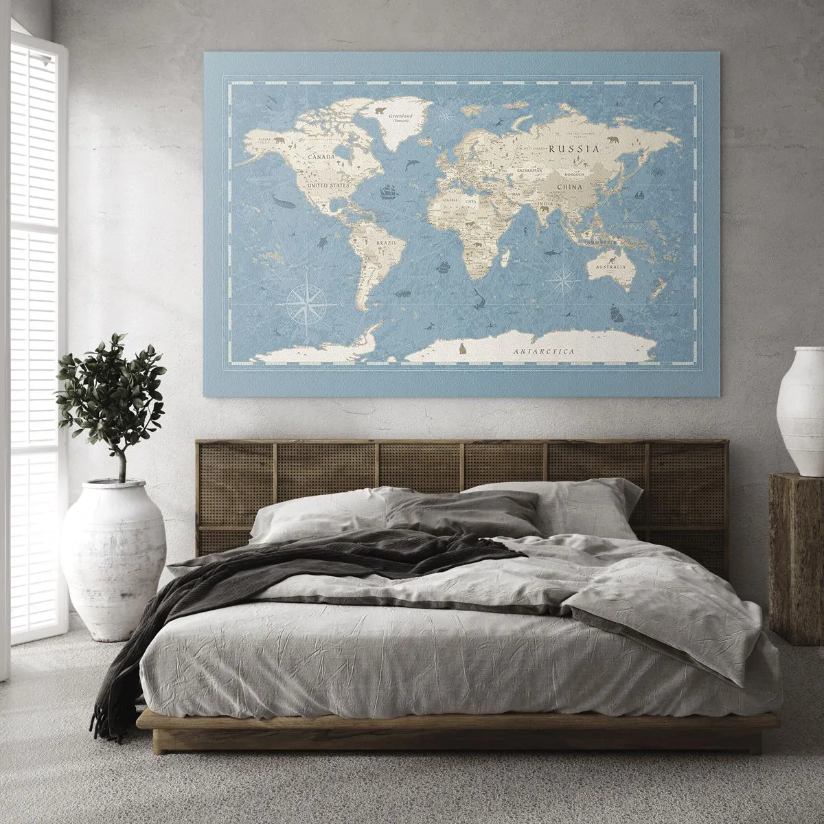 Obraz na skle - Štylizovaná mapa sveta na modrom pozadí - 70x50cm - Svet na dosah ruky - Moderná nástenná dekorácia do obývacej izby a spálne ARTTOR