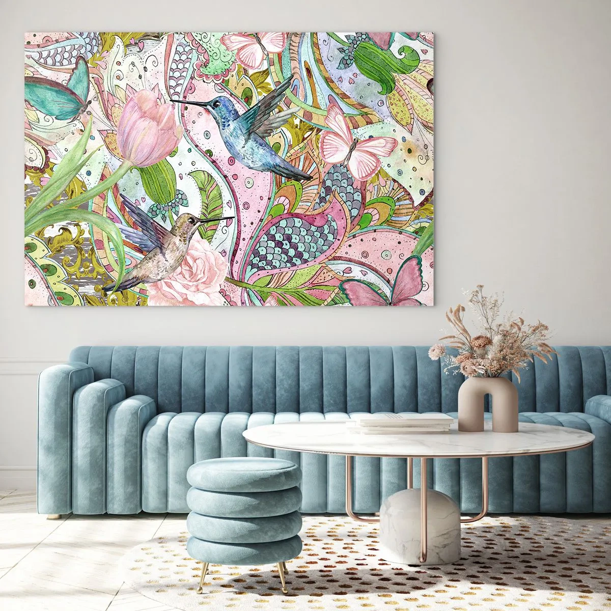 Obraz na skle - Farebné kolibríky medzi kvetmi a motýľmi - 70x50cm - Zamotané do lián - Moderná nástenná dekorácia do obývacej izby a spálne ARTTOR